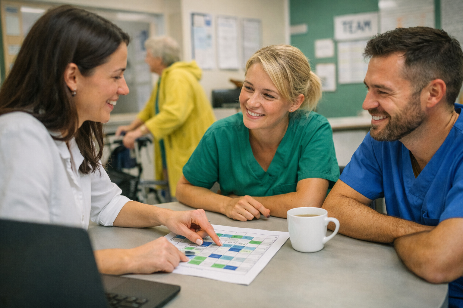 Planner in zorgorganisatie bespreekt een eerlijk rooster met zorgmedewerkers