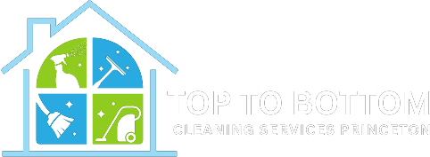 Logo: blue house frame with cleaning tools inside window, white text "Top to Bottom".