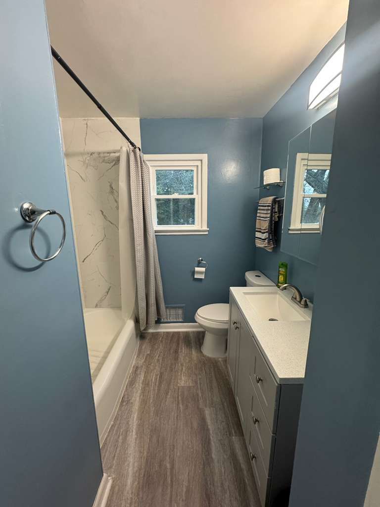 Blue bathroom with gray vanity, wood-look floor, shower, toilet, and window.
