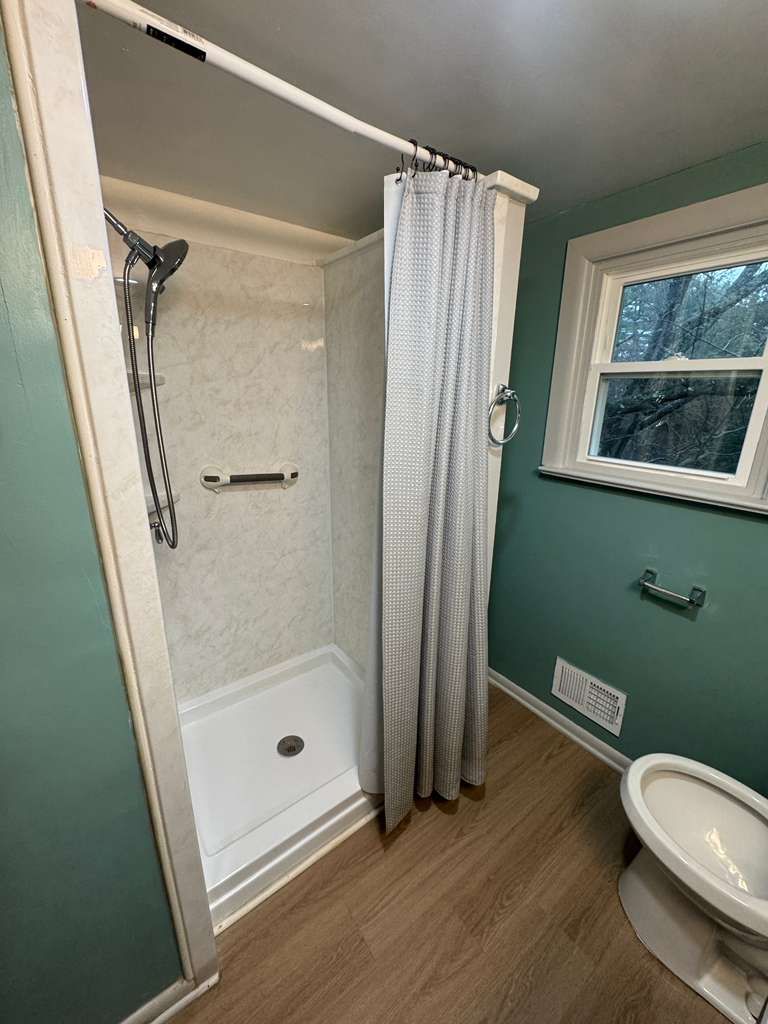 Bathroom with accessible shower, teal walls, window, toilet, and wood-look flooring.