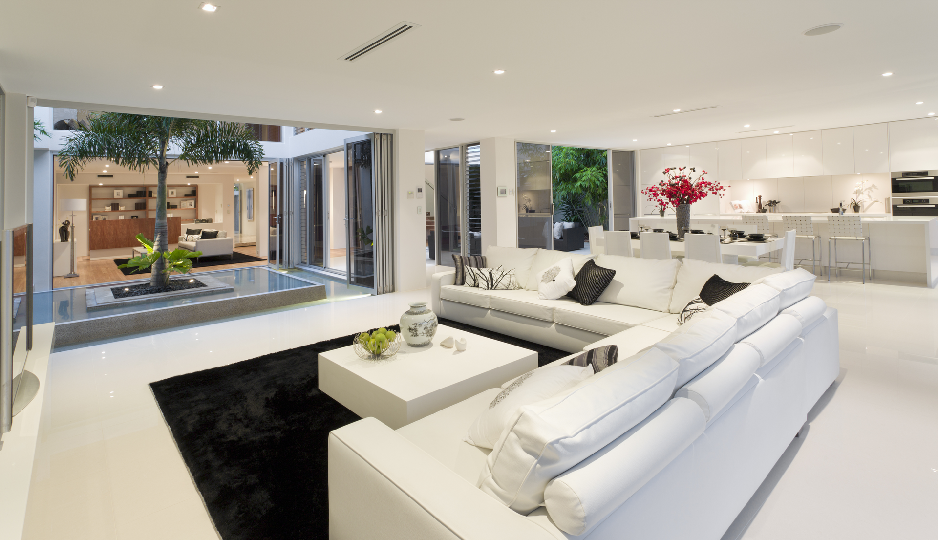 Modern white living room with open doors to a courtyard, black rug, white sofa, and a tree.