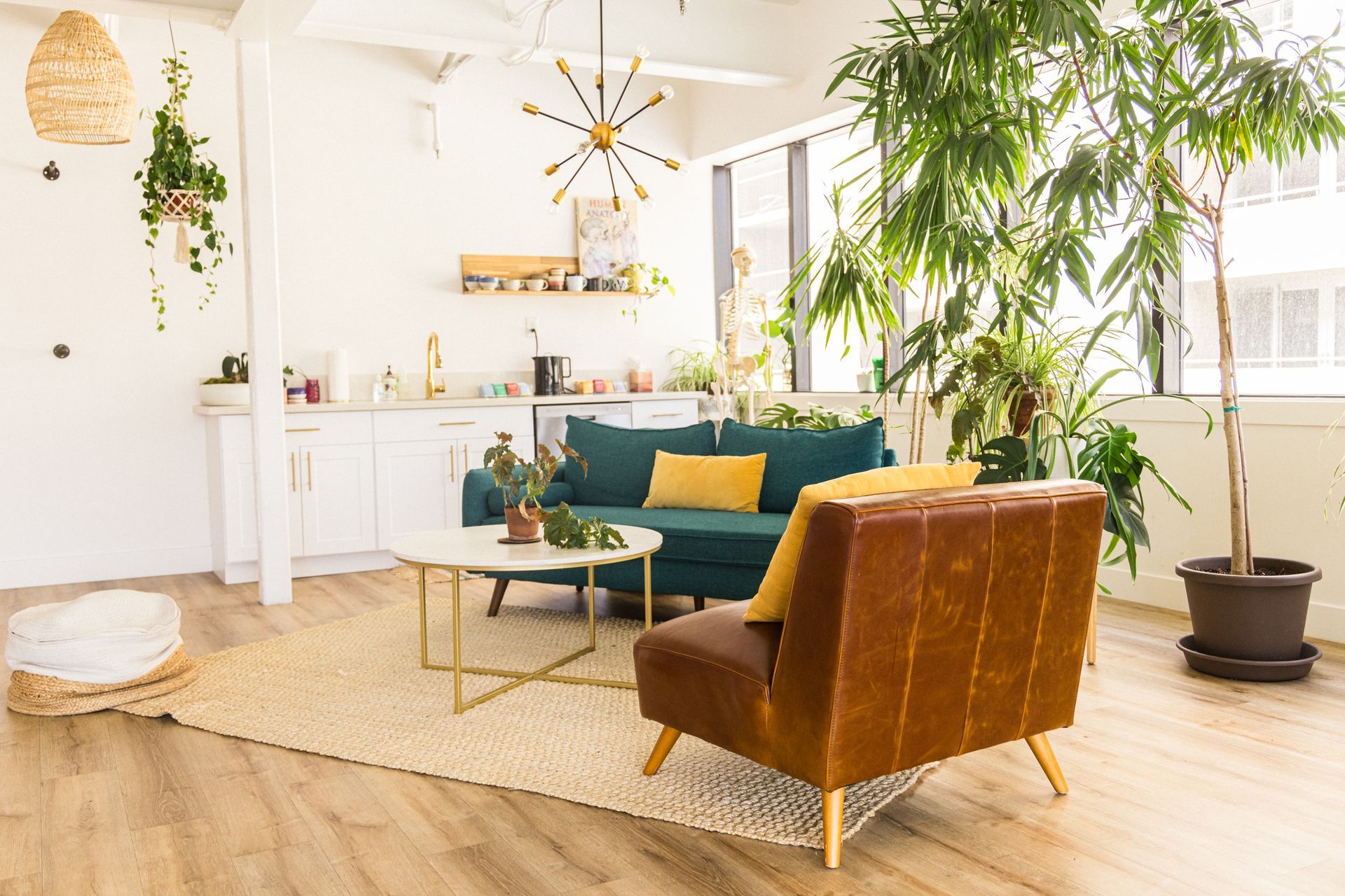 A living room with a couch , chair , coffee table and potted plants.