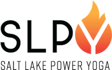 A logo for salt lake power yoga with a flame in the middle.