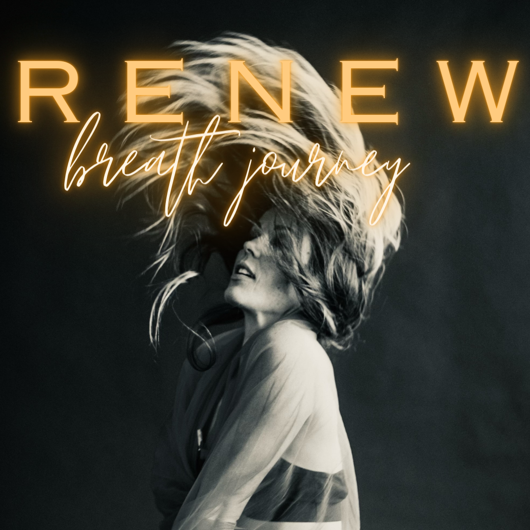A woman with her hair blowing in the wind and the words renew breath journey