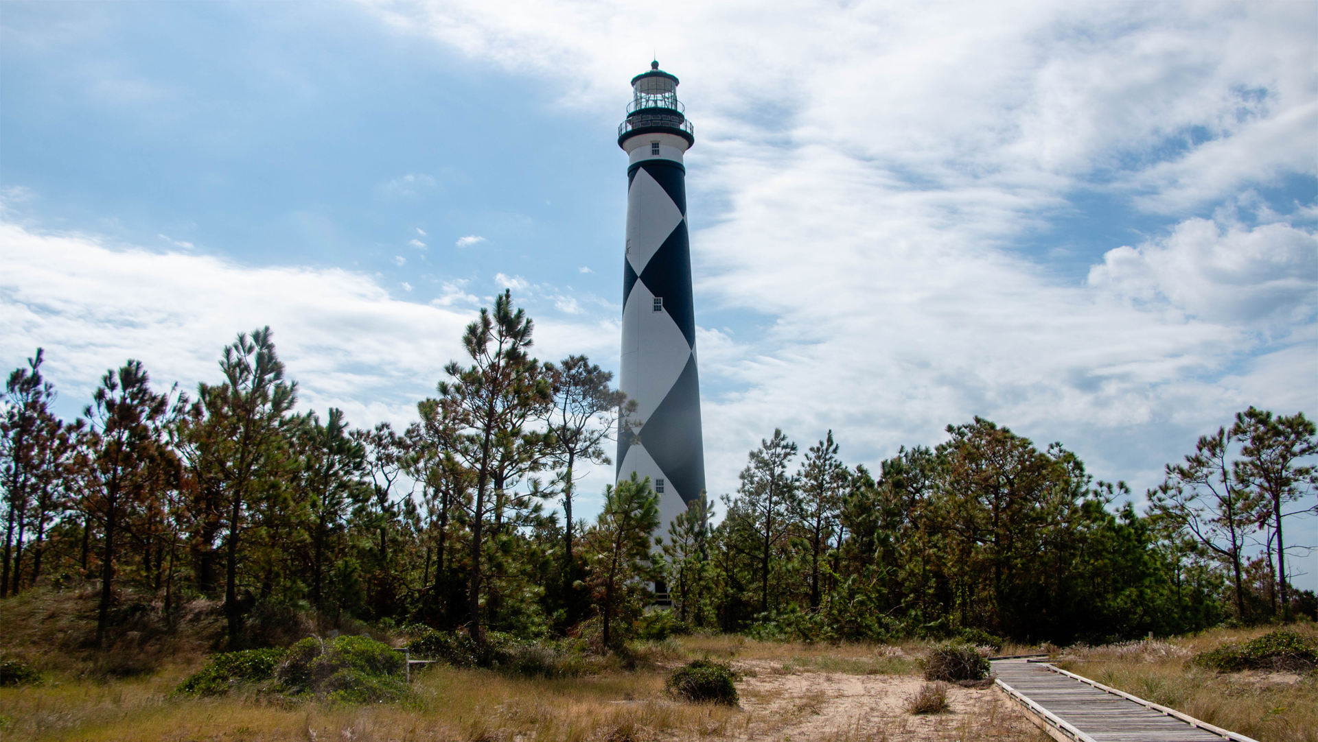 A black and white lighthouse is surrounded by trees and grass