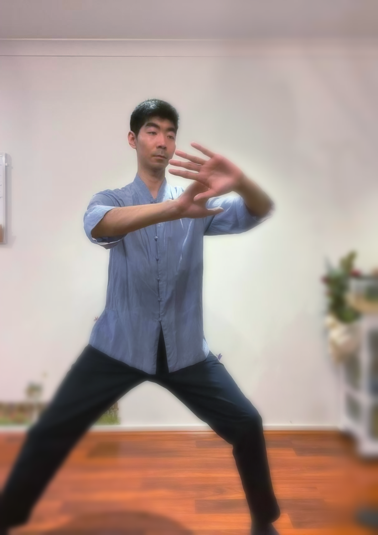 Man in blue shirt, black pants, in a Tai Chi stance, hands in front, indoors.