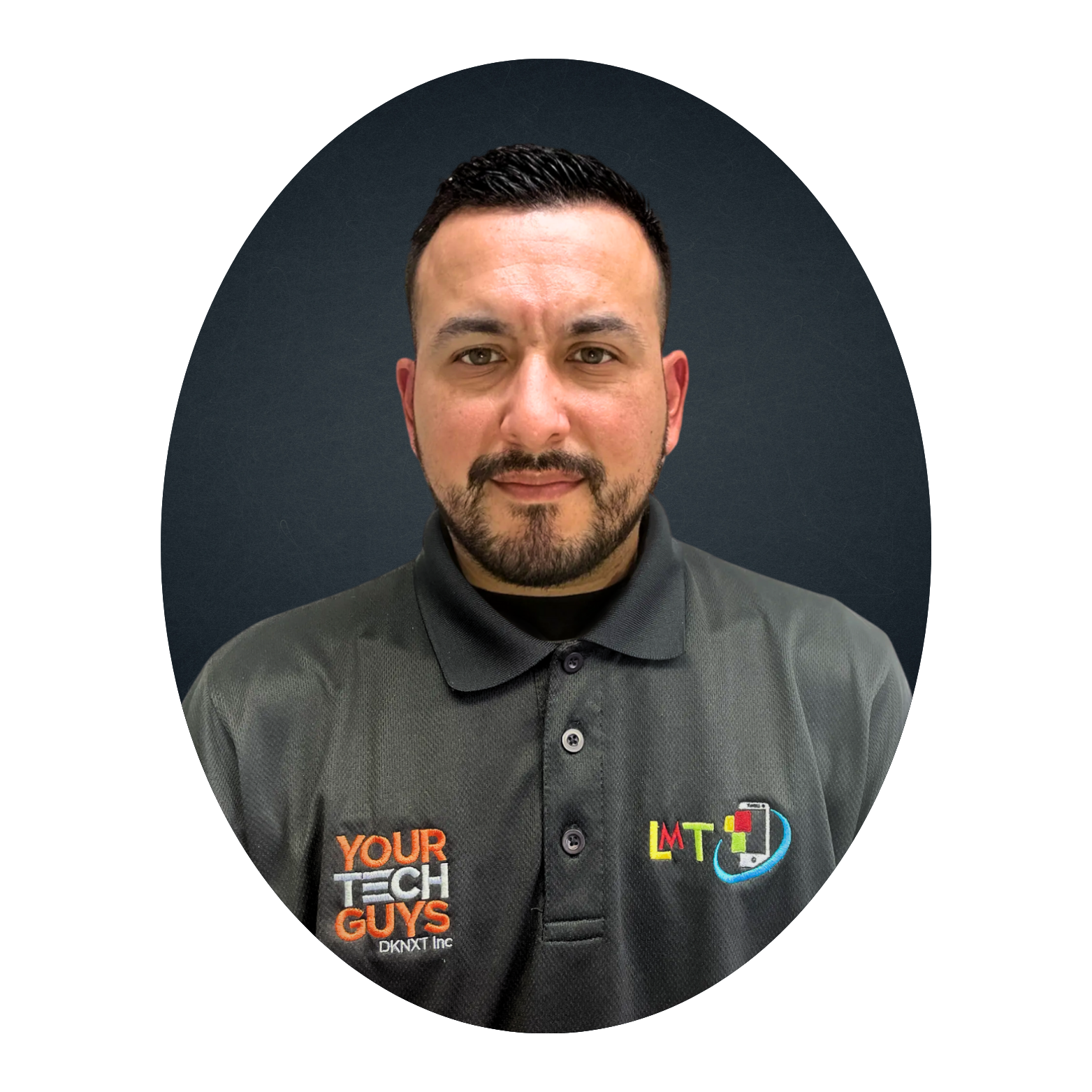 Oval portrait of a man in a black polo shirt with