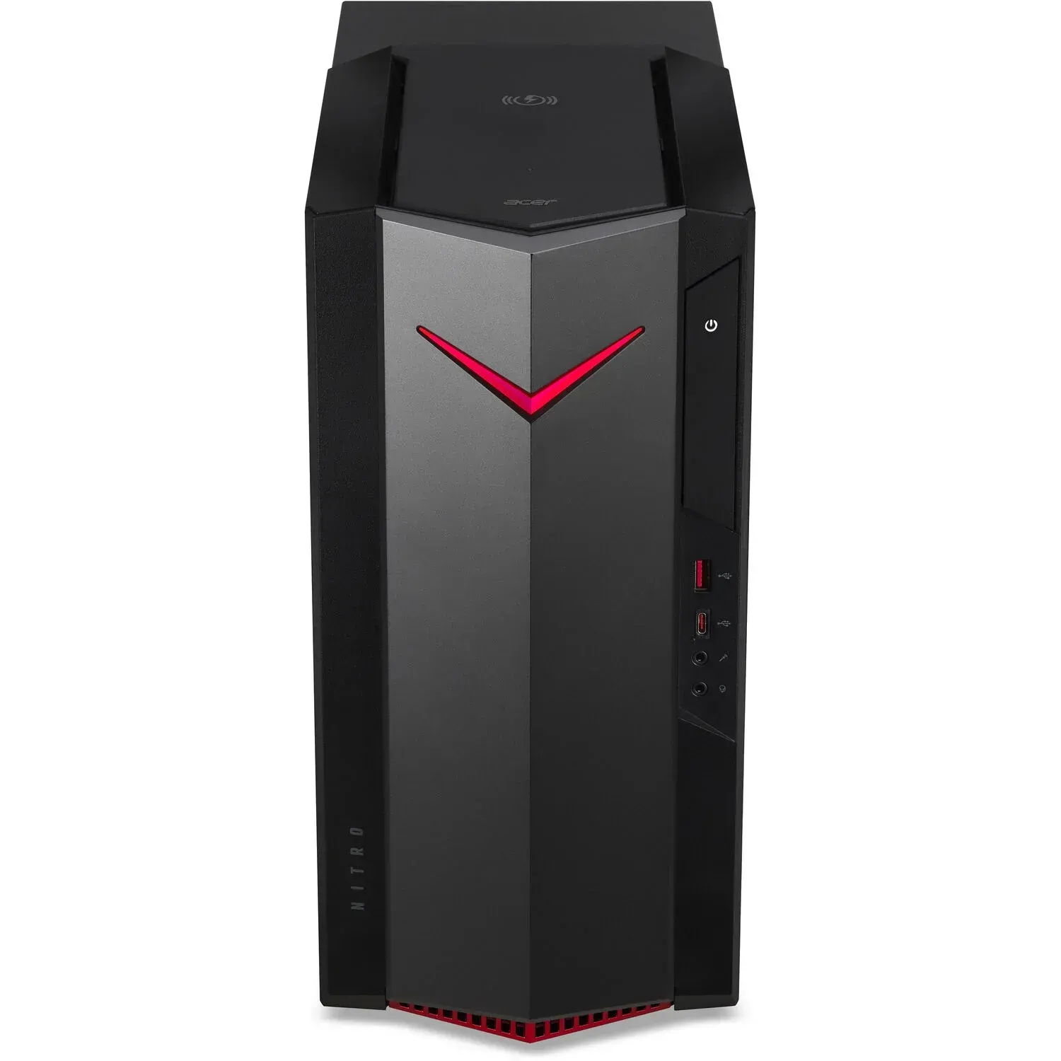 Black and gray Acer Nitro gaming desktop computer with red accents.