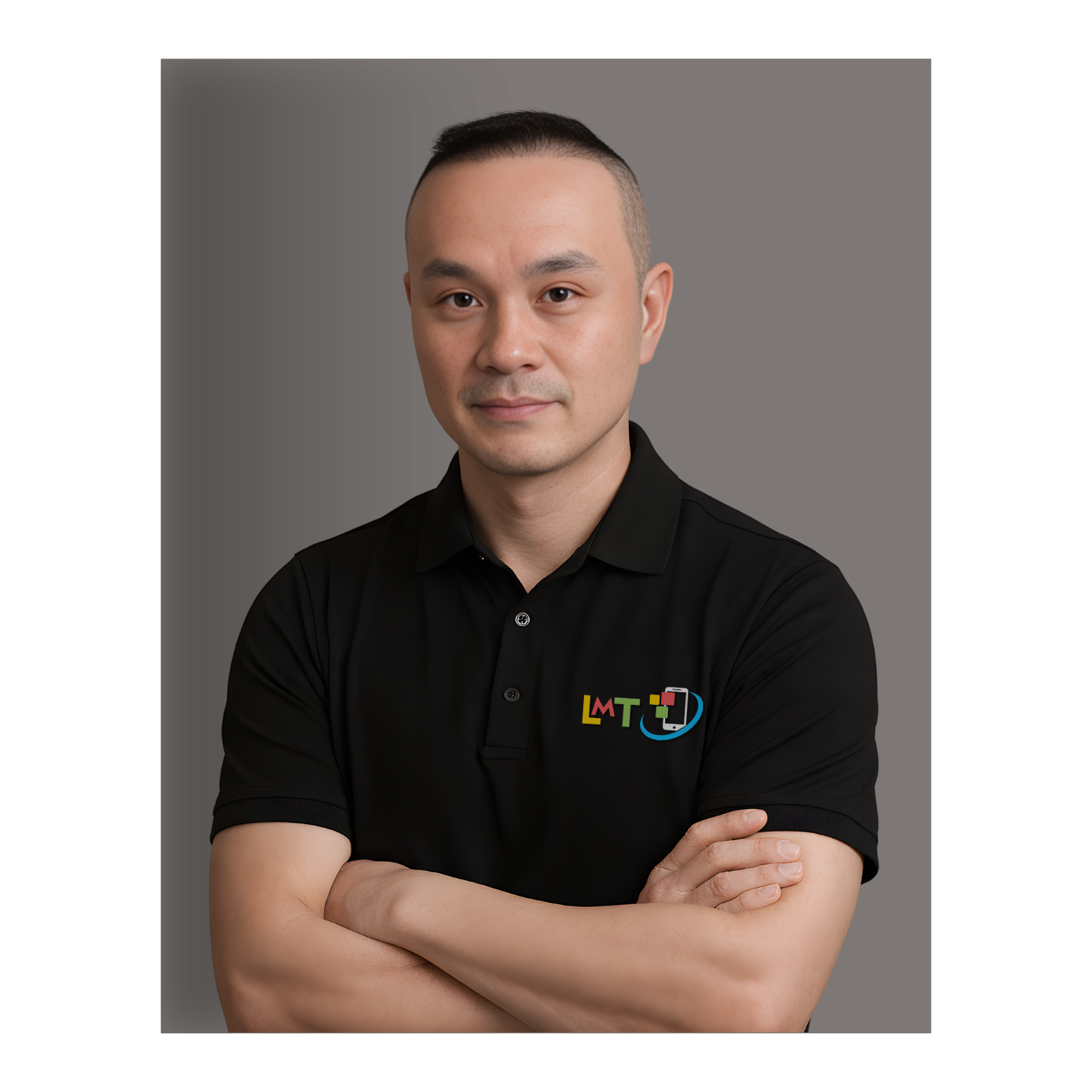 Asian man in a white shirt looking at the camera, set against a dark background.