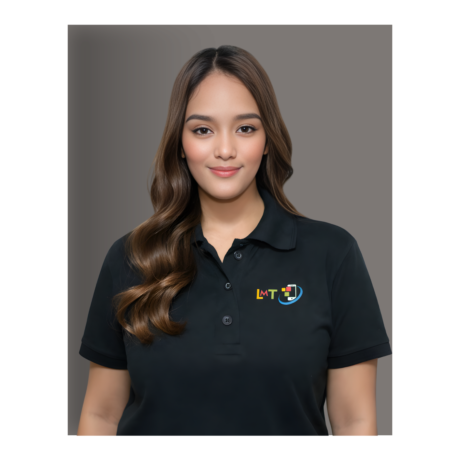 A woman with long brown hair and a black polo shirt smiles. She is in front of a dark background.