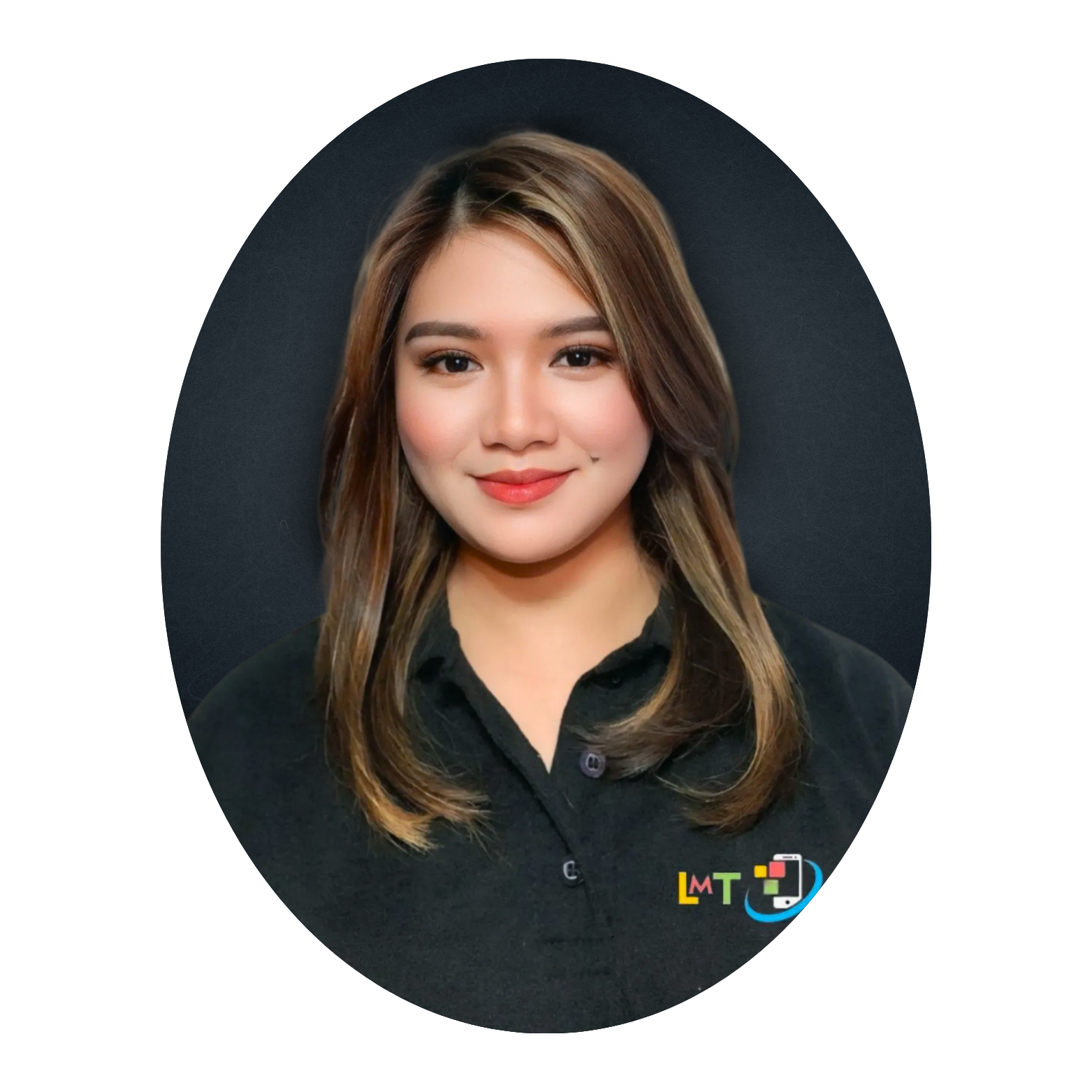 A young woman with long brown hair, wearing a black shirt, smiles against a dark background.