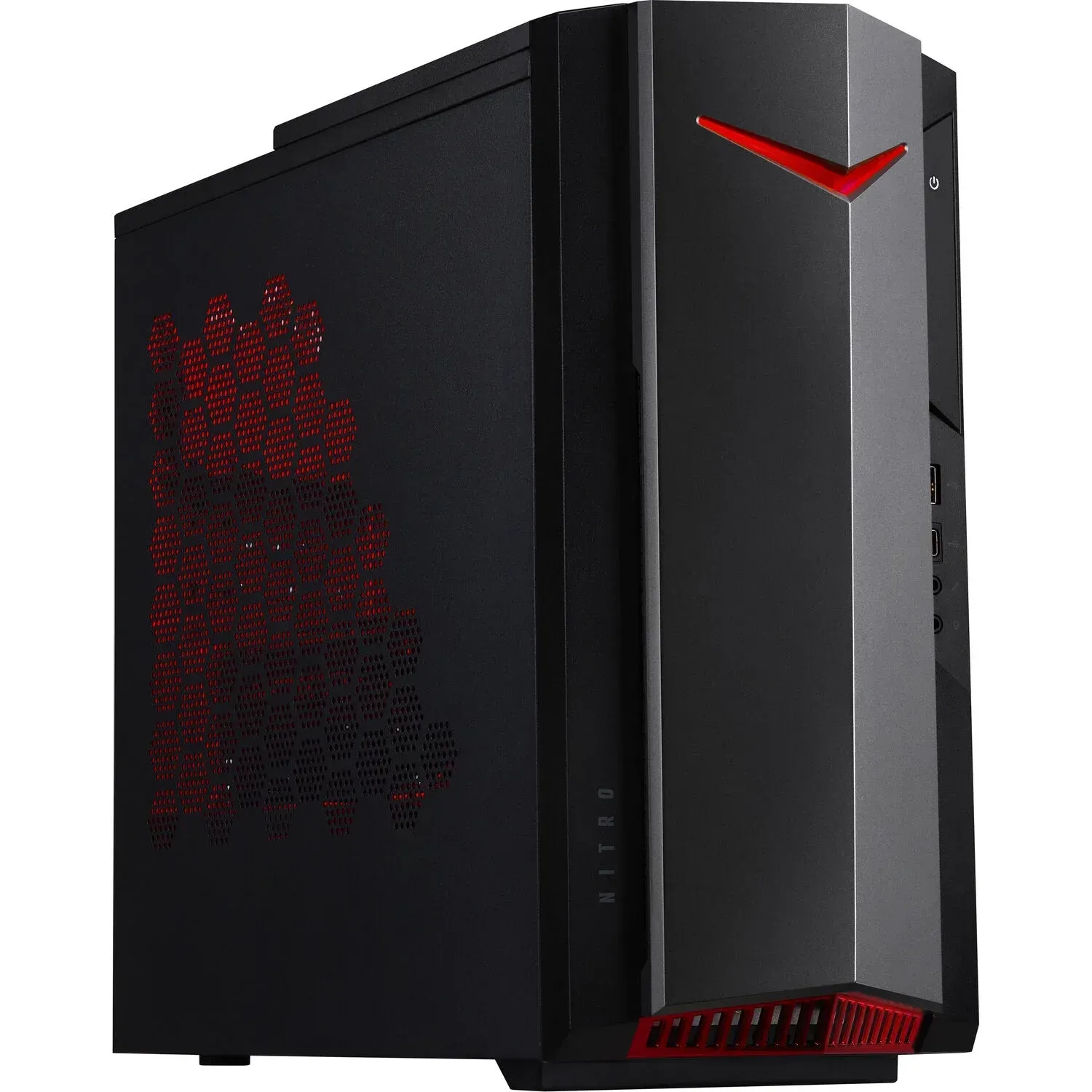 Black and gray Acer Nitro gaming desktop computer with red accents.