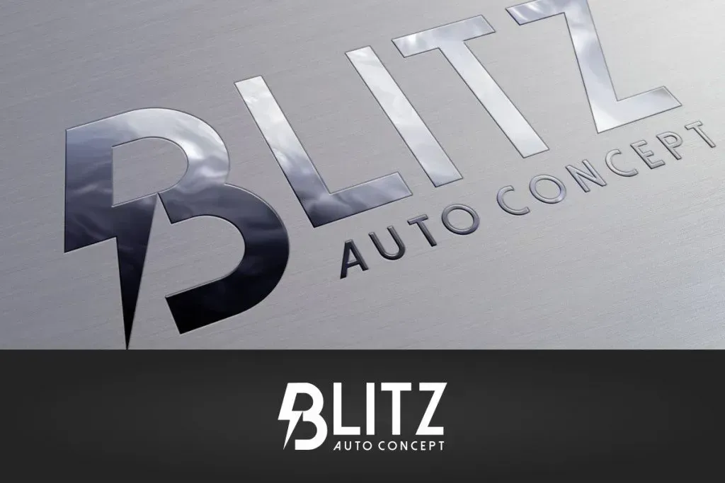 BLITZ Auto Concept logo in chrome against a light gray background with a smaller logo below.