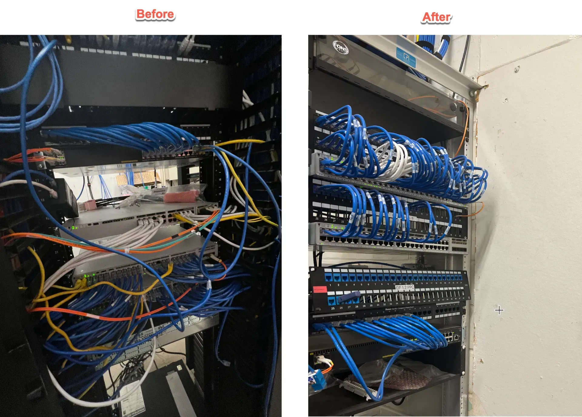 Before-and-after of a network rack.