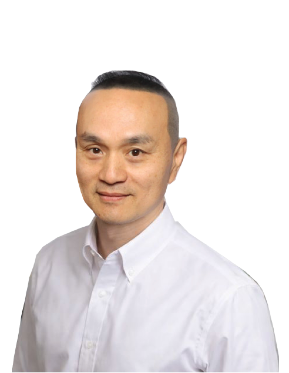 Asian man in a white shirt looking at the camera, set against a dark background.