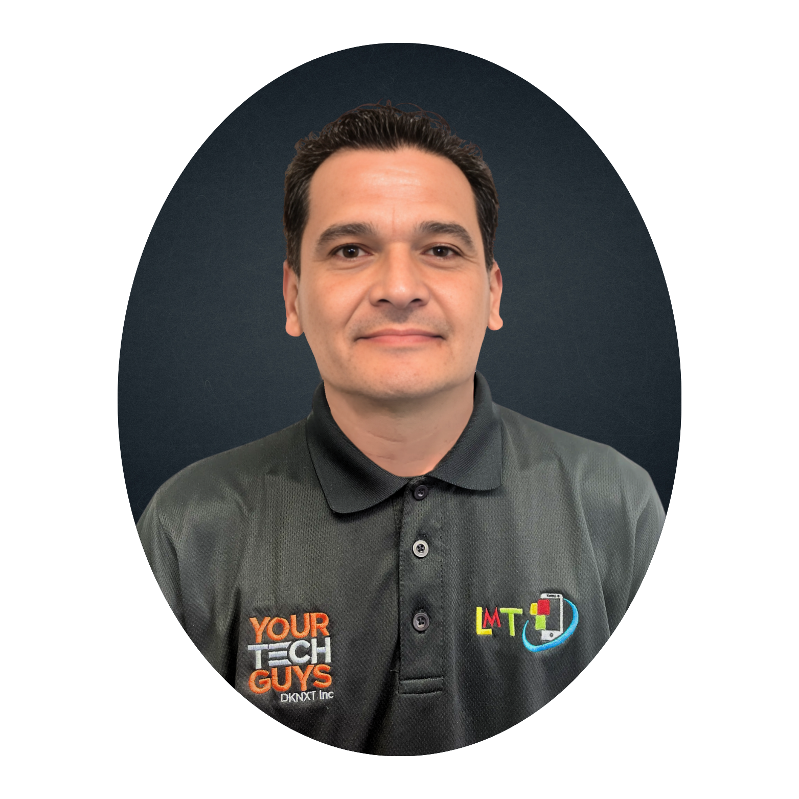 Man in a grey polo shirt with logo smiling at the camera, set in a dark oval.