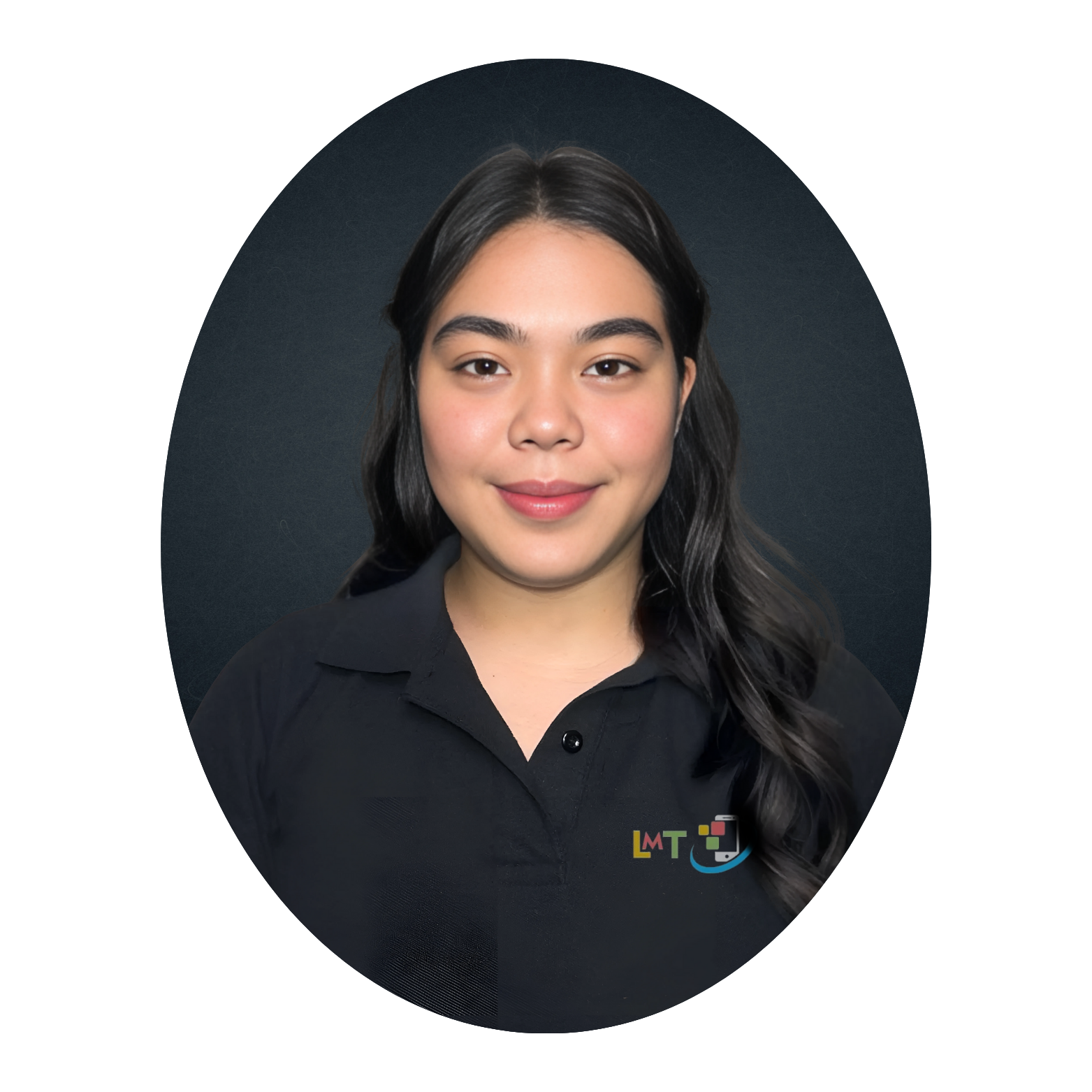 Woman with dark hair and a black polo shirt smiling, set against a dark oval background.