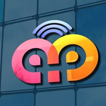 Logo featuring two interlocking, colorful circles with a square and wifi signal above.