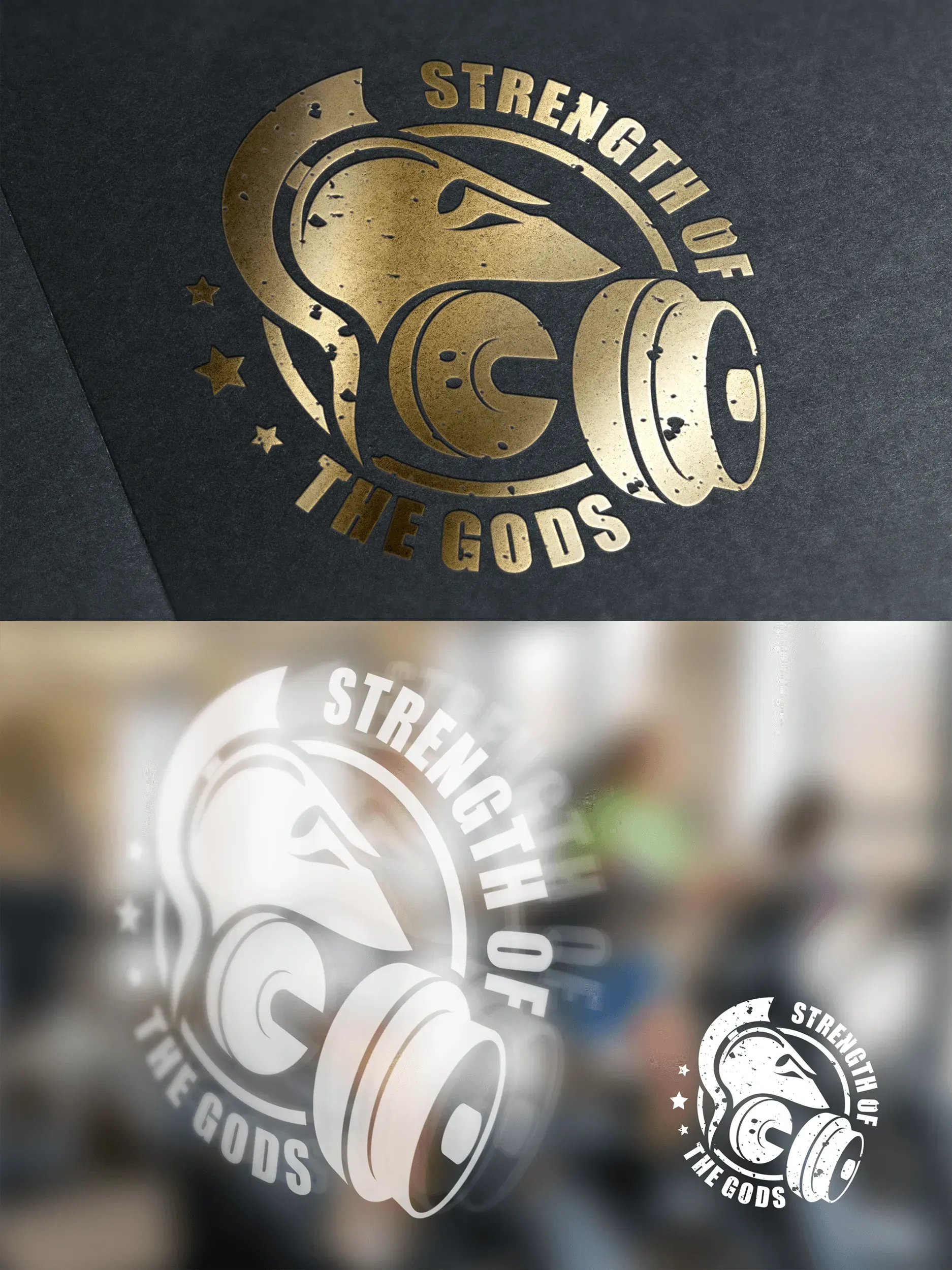 Gold logo: A spartan helmet and barbell inside a circle with the words 