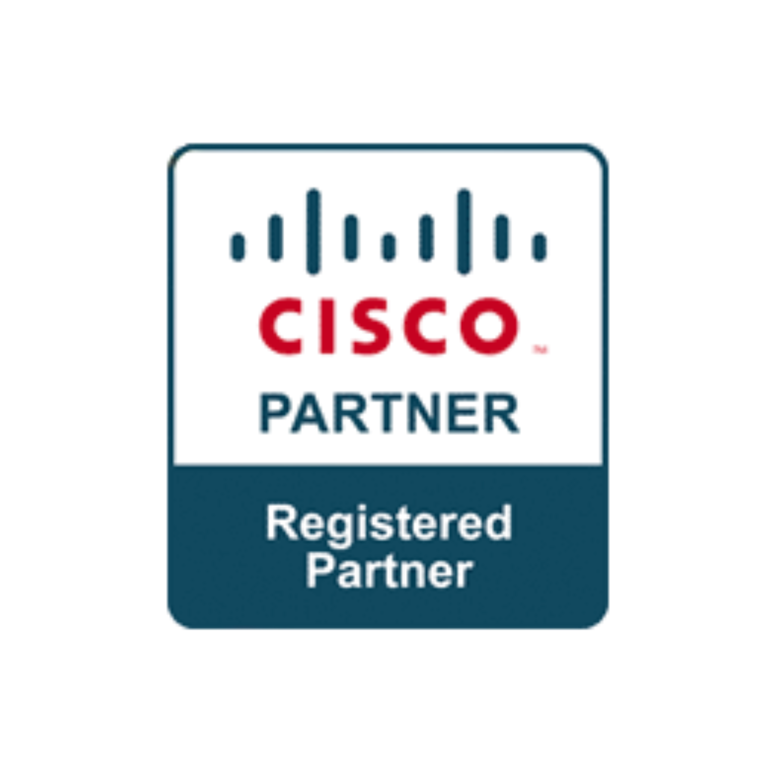 Cisco Registered Partner logo: White and blue badge with Cisco logo and