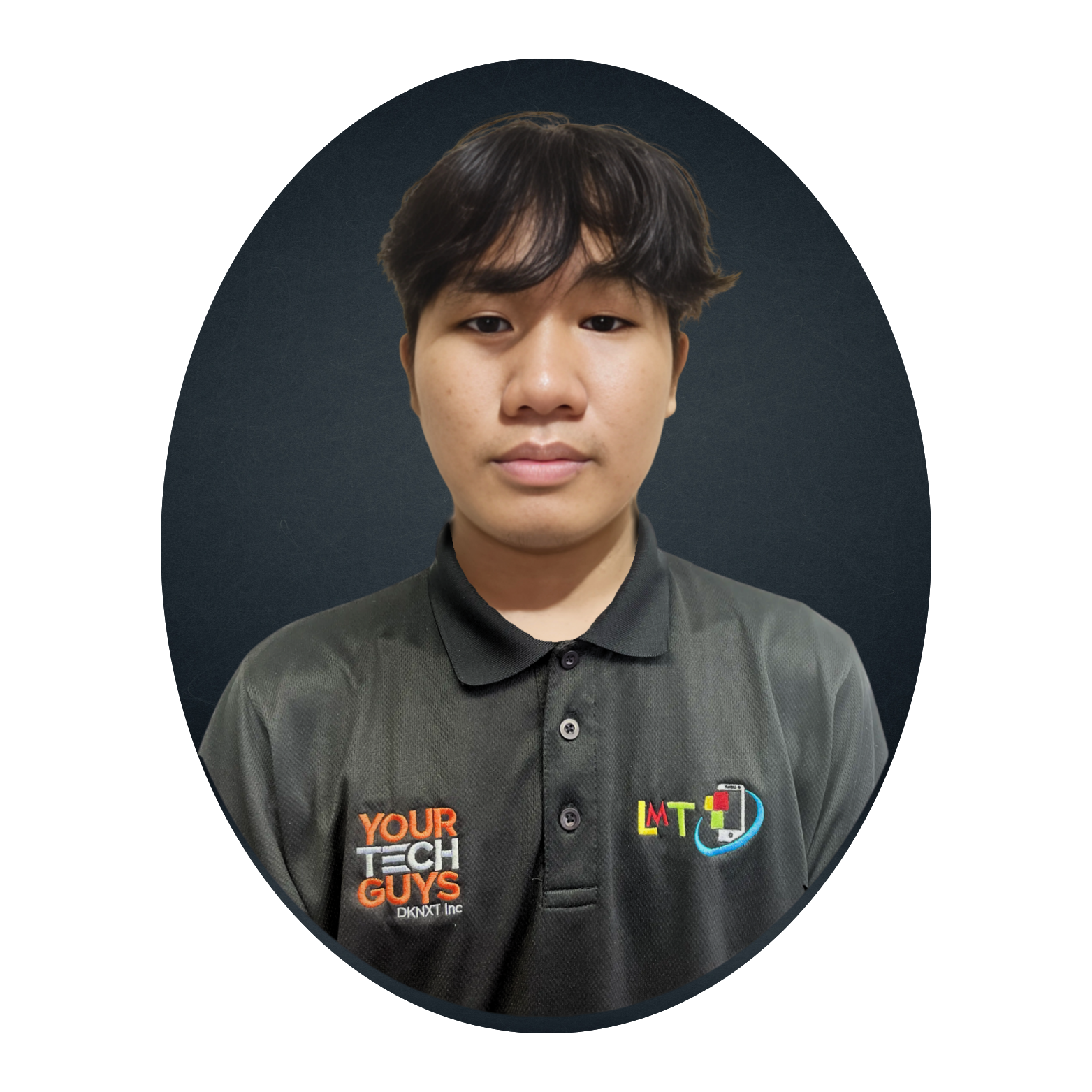 Young Asian man in a gray polo shirt with a logo, centered in an oval frame.