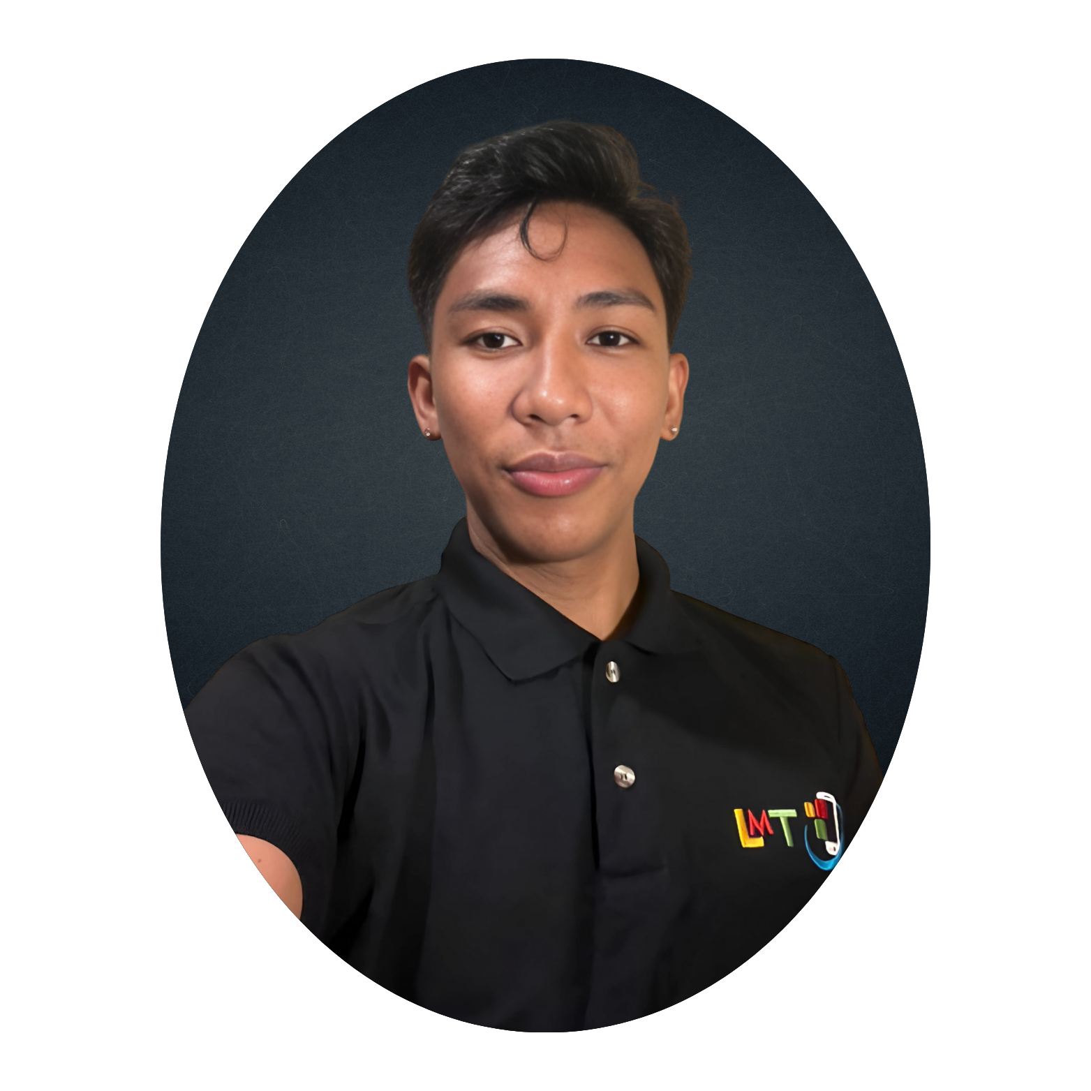 A young man in a black polo shirt with a rainbow logo, smiling at the camera against a dark oval background.