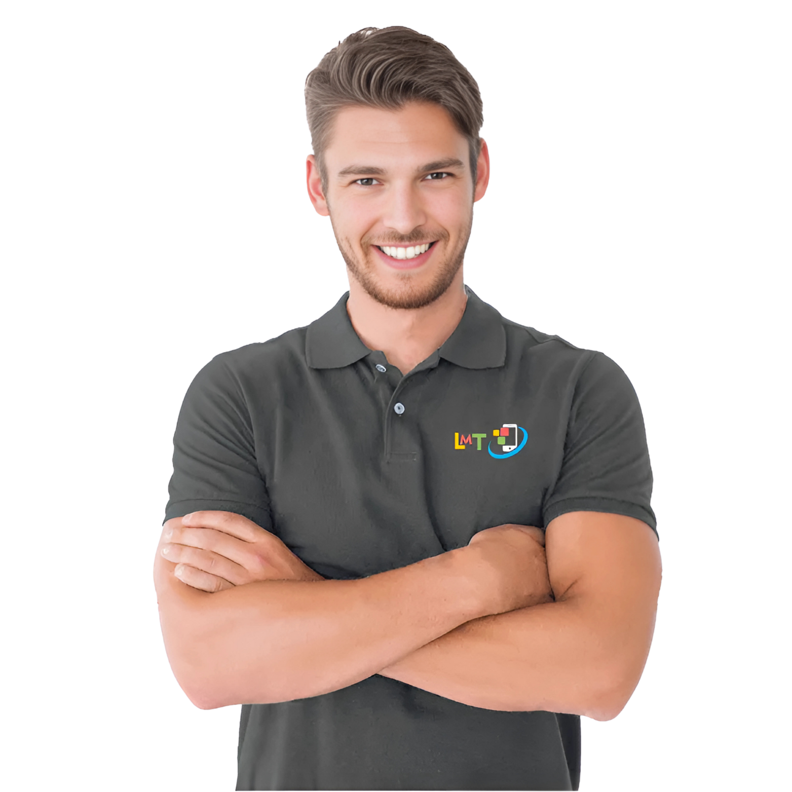 Man with crossed arms wearing a gray polo shirt with logo; smiling at the camera.