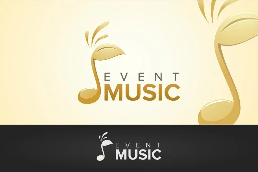 Gold logo for Event Music, featuring a stylized musical note with leaf-like accents, and a tagline in a complementary font.