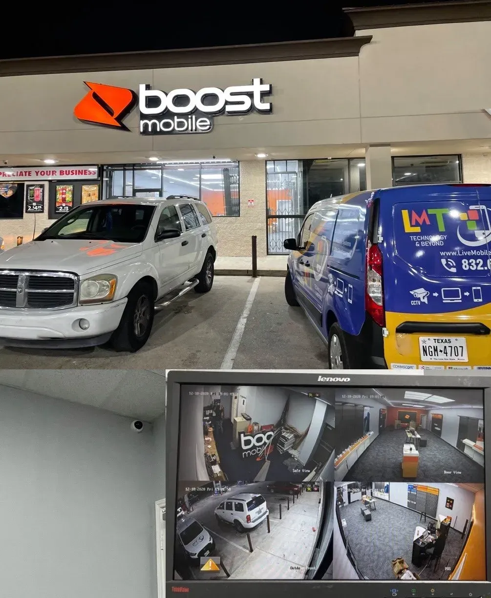 Boost Mobile store exterior with a white SUV and blue van parked outside; security camera view inside the store and outside.