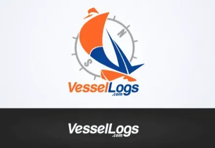Logo for VesselLogs.com features a sailboat in orange and blue colors with a compass background.