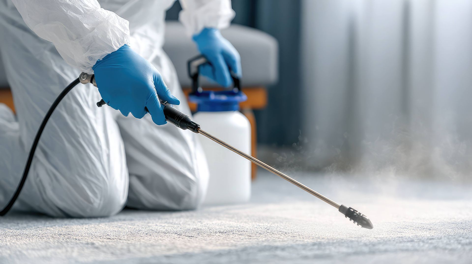 A person in white protective gear is spreading pesticide to a carpet for pest control treatment.