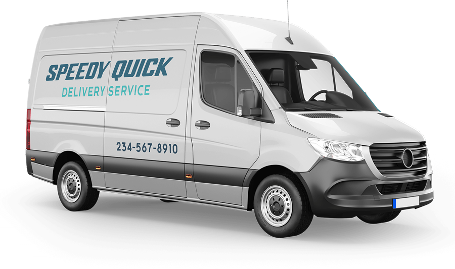 White delivery van with “Speedy Quick Delivery Service” lettering on the side.