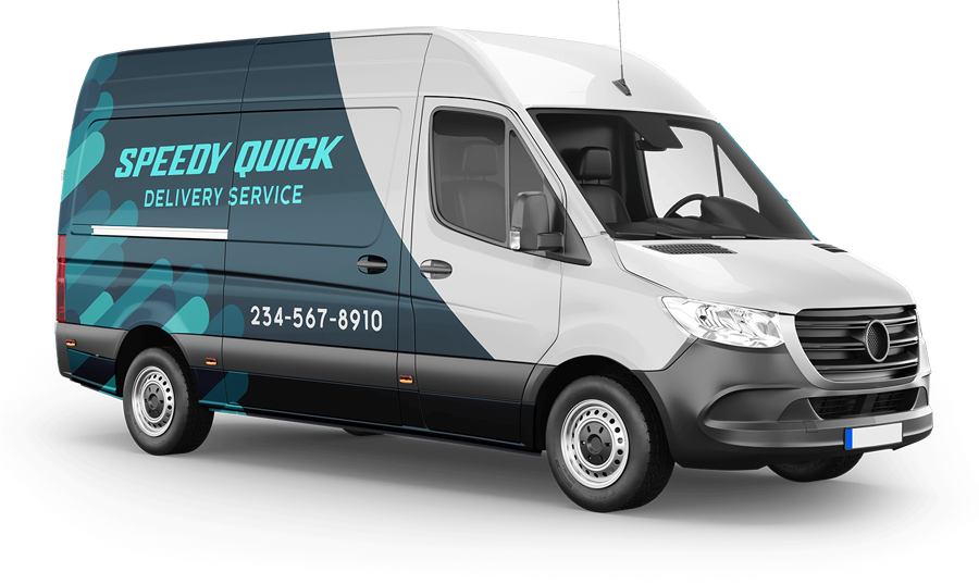 White and gray delivery van with “Speedy Quick” branding on the side, shown in profile on a white background