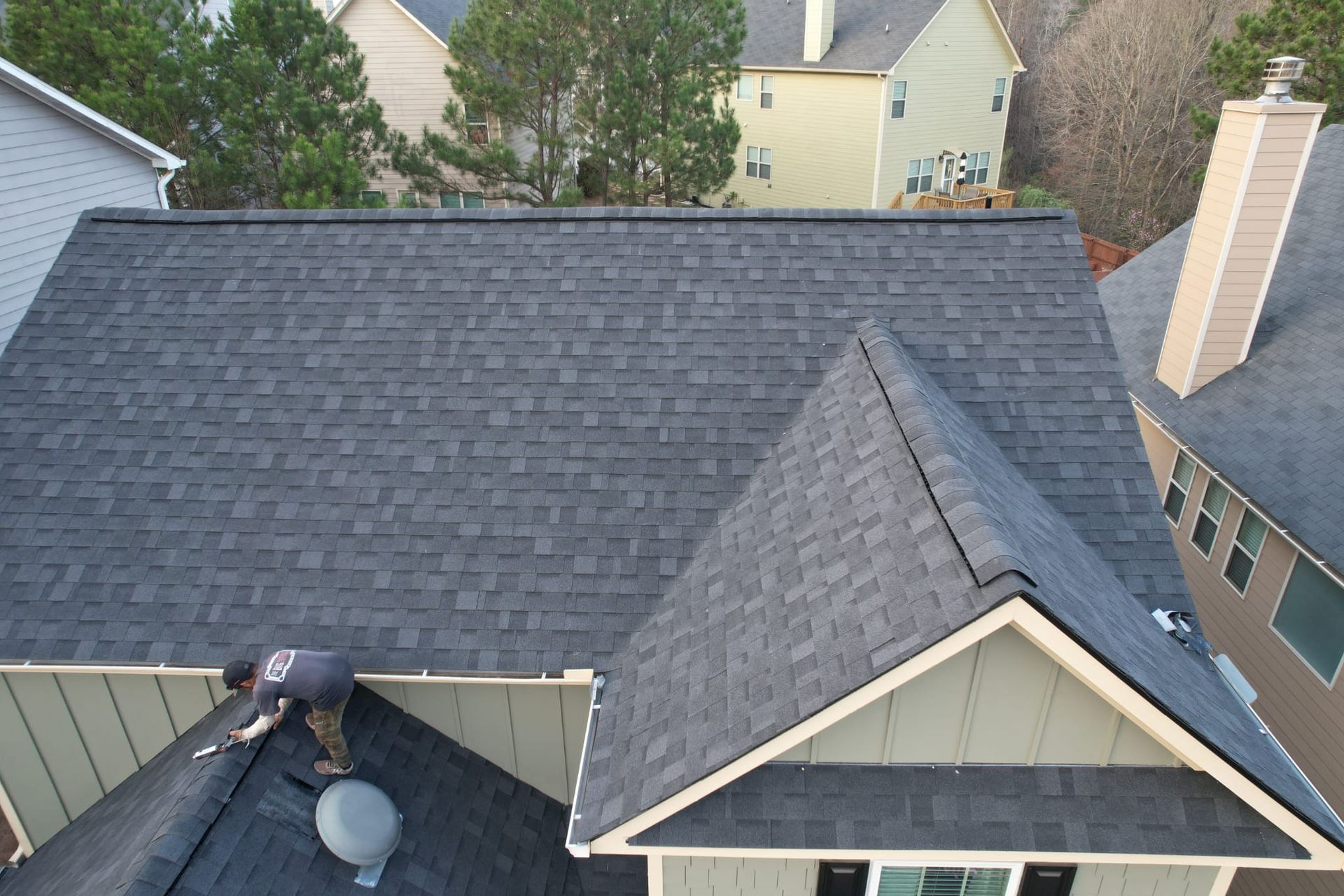 An aerial view of a roof of a house