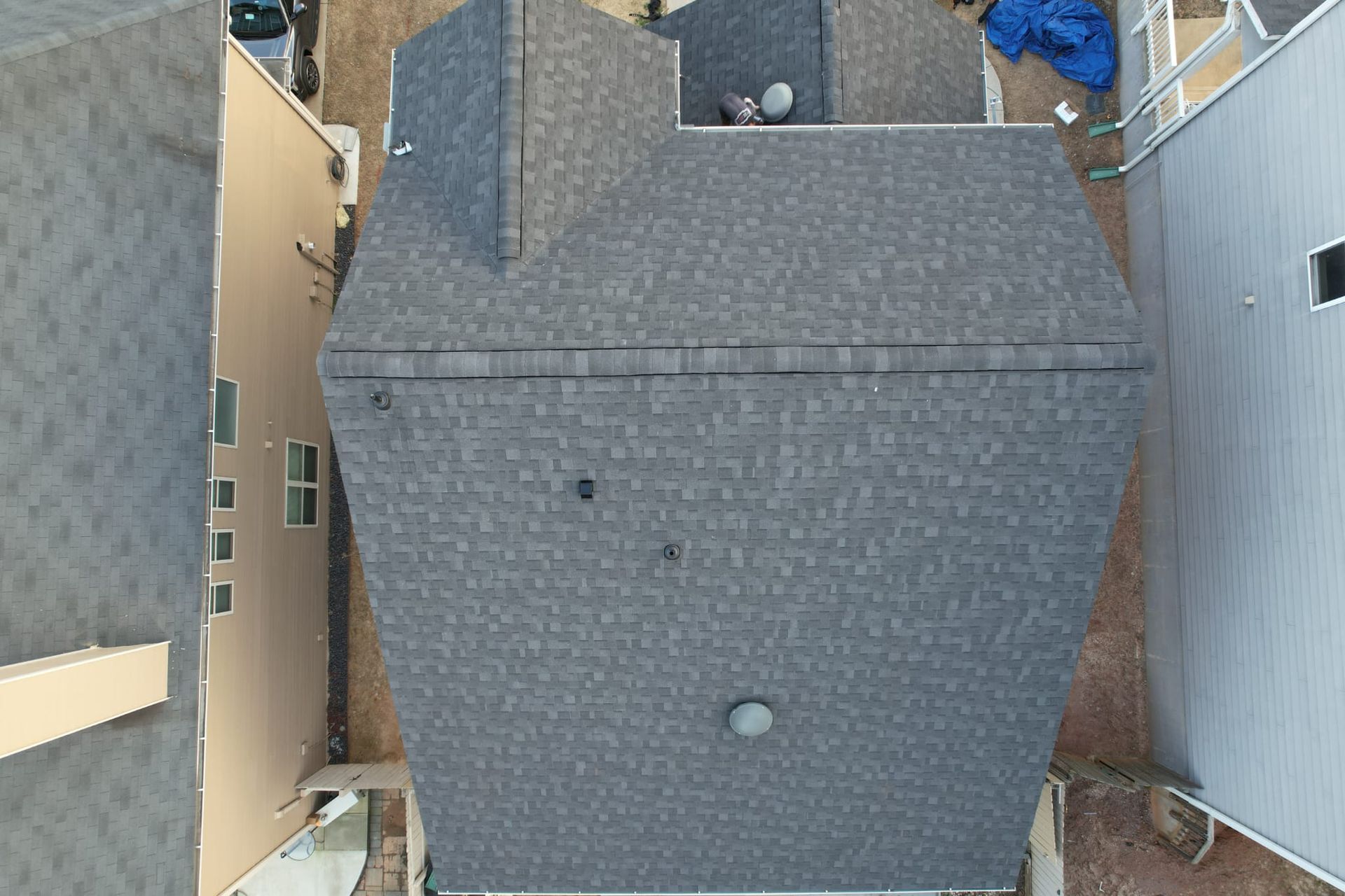 An aerial view of a roof of a house under construction.