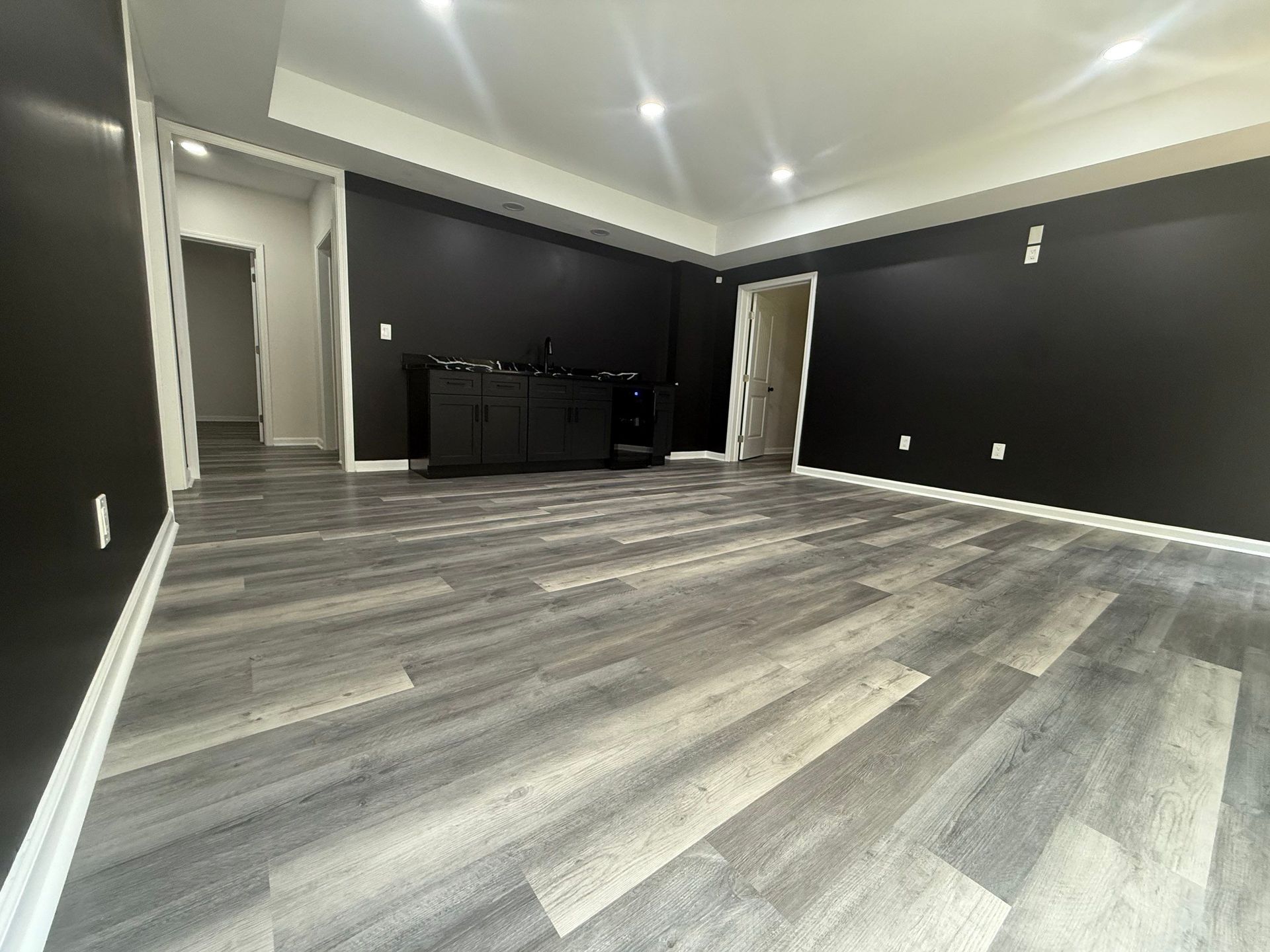 Empty room with dark gray walls, light wood-look floor, and white trim.