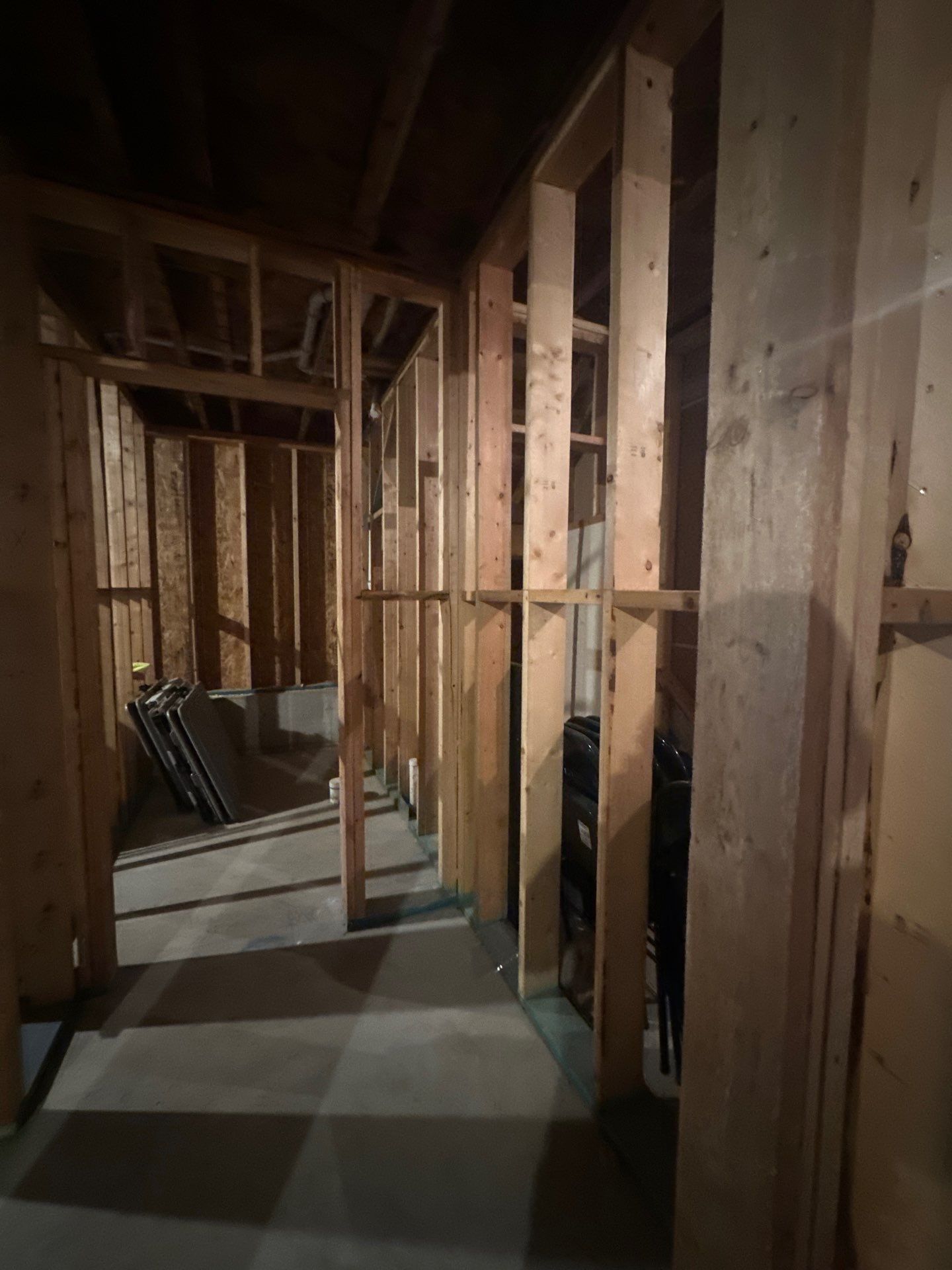 Interior view of unfinished basement, wood-framed walls and doorway, concrete floor, shadowy.