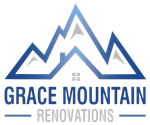 The logo for Grace Mountain Renovations is a blue mountain with a house on top of it.