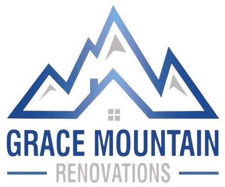 The logo for Grace Mountain Renovations is a blue mountain with a house on top of it.