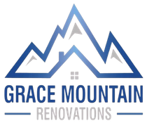 The logo for Grace Mountain Renovations is a blue mountain with a house on top of it.