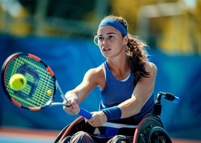A woman in a wheelchair is playing tennis