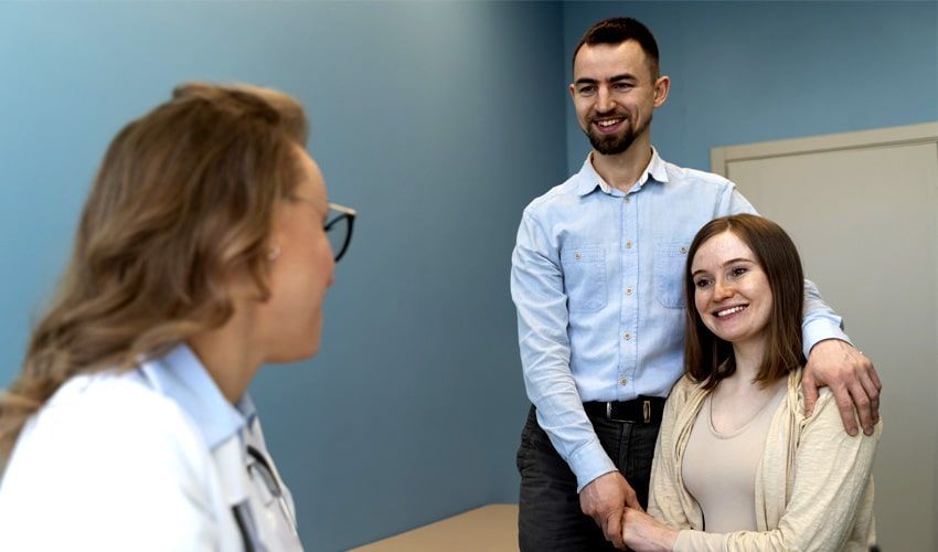 A man and a woman are talking to a doctor in a room.