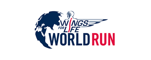 A logo for wings for life world run with a globe in the background.