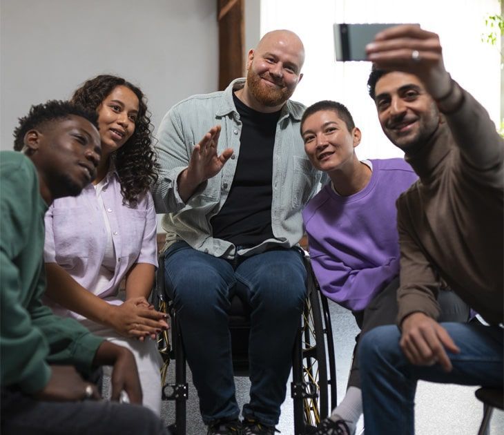 A man in a wheelchair takes a selfie with his friends