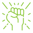 A green line drawing of a fist with rays coming out of it.