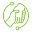 A green line drawing of a hand shaking in a circle.