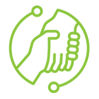 A green line drawing of a hand shaking in a circle.