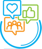 Blue, green, and orange speech bubbles with a heart, thumbs-up, and people icons inside a blue arc.