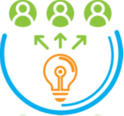 Green people above orange lightbulb with upward arrows, all inside a blue half-circle.