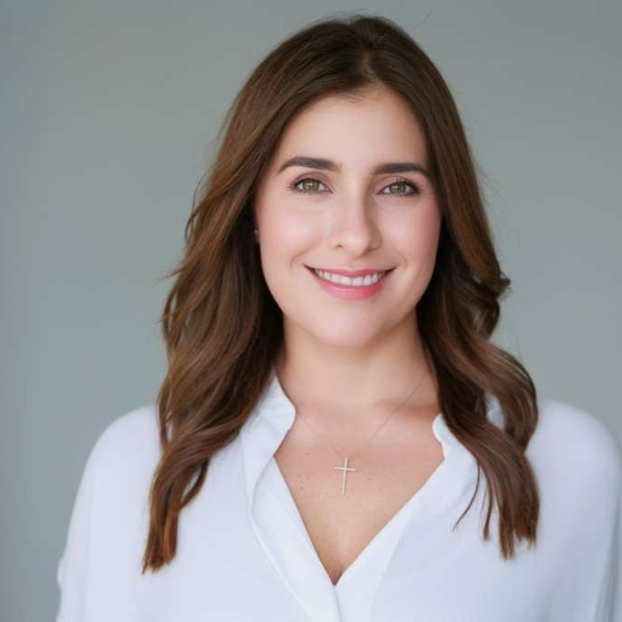 Woman with brown hair smiles, wearing a white shirt and a silver cross necklace.